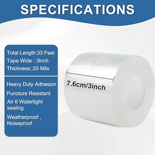 Transparent Window Weather Sealing Tape 3IN x 33 FT Draft Isolation No Residue Removable Adhesive Waterproof Windows Doors Shower Glass AC Units Ideal for Winter Seal & Summer Cold Air Loss Prevention