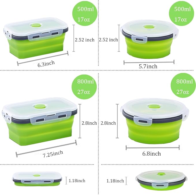 Collapsible Silicone Food Storage Containers, Set of 4 Foldable Storage Bowls with Airtight Lids, Silicone Lunch Box, Microwave,Freezer and Dishwasher Safe, BPA Free (Green, 500ml and 800ml)