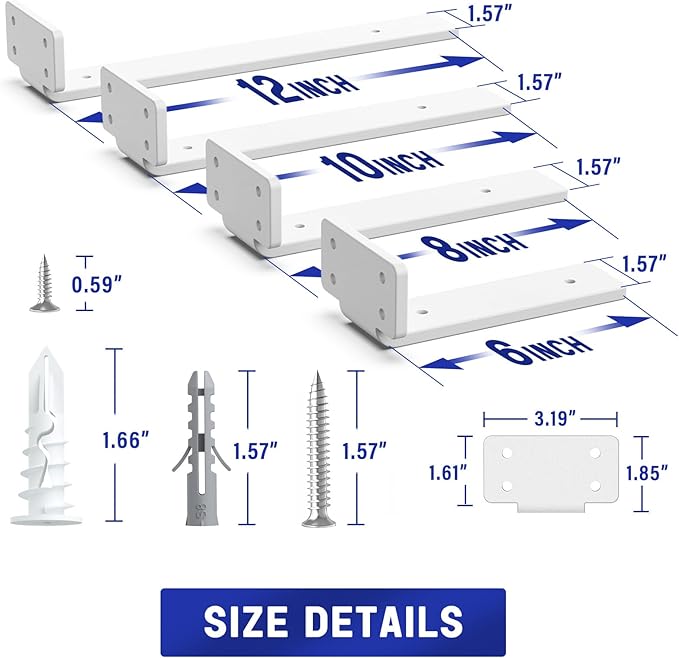 Goovilla Shelf Bracket, Heavy Duty Floating Shelf Brackets 8 inch Long, 6 Pack Brackets for Shelves, White Coated Metal Wall Shelf Support Brackets with 1/5 Inch Thick and 160 lb. Load Capacity