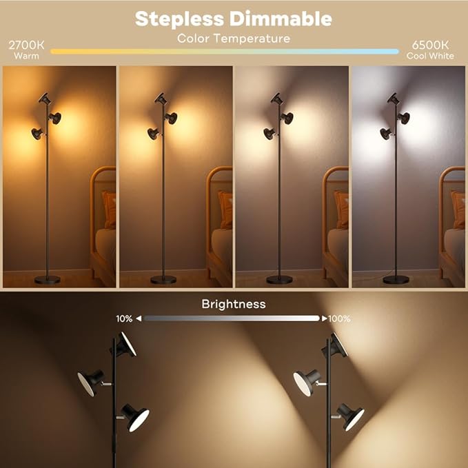 RGB Floor Lamp, 36W Bright LED Standing Lamp with 3 Swivel Lights, Color Changing Tree Tall Lamp with Remote, Stepless Dimmable Modern Floor Lamps for Living Room, Bedroom, Gaming Room,Office