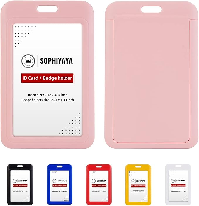 12 Pack Sliding ID Badge Holder - Heavy Duty Hard Plastic Sleeve Secures Work ID, Key Card, Credit Cards for Office, Factory, Hospital & School (Pink)