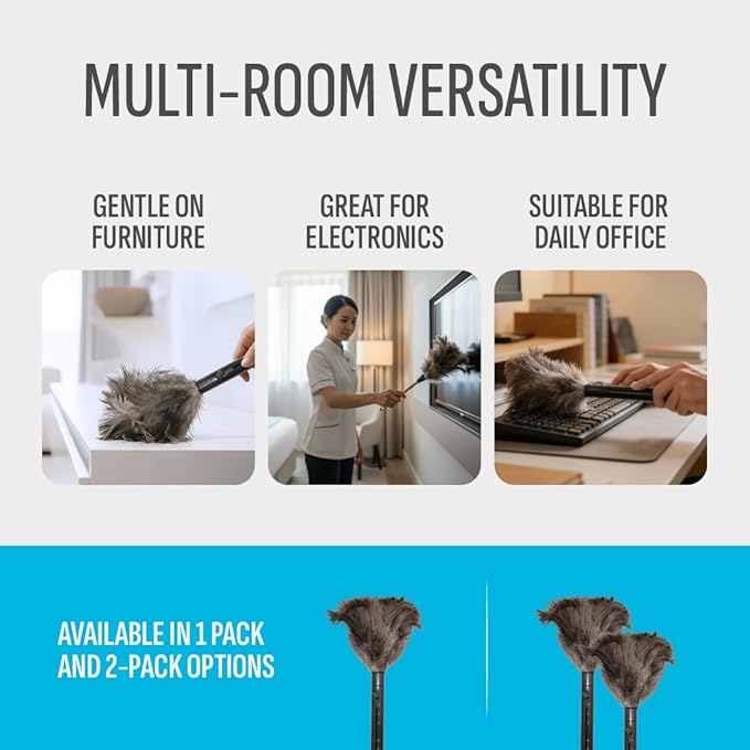 Retractable Feather Duster 8-14 in Adjustable - Natural Ostrich Feather Duster for Cleaning Ceiling Fans, Blinds, Plantation Shutters, Walls & Furniture - Quality Checked in USA - 2 Pack