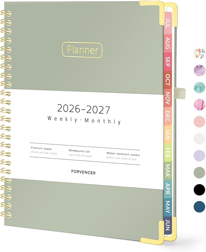Forvencer Academic Planner 2026-2027, Hardcover Calendar Planner Weekly & Monthly, July 2026 - June 2027, 6" x 8", Daily Agenda with Tabs, College School Organizer for Student Teacher, Olive Green