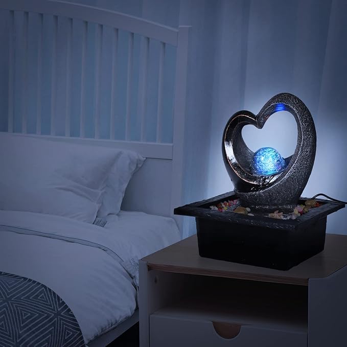 Ferrisland Tabletop Water Fountain, Zen Meditation Indoor Waterfall Fountain, Heart Shape Decoration with LED Light for Home Office Bedroom Relaxation Decor, Gift Ideas