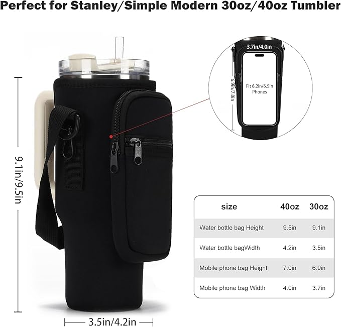 GOEWY Water Bottle Carrier Bag for Stanley 40/30 oz Tumbler with Phone Pocket Neoprene Water Bottle Holder with Shoulder & Handheld Strap Stanley Cup Accessories