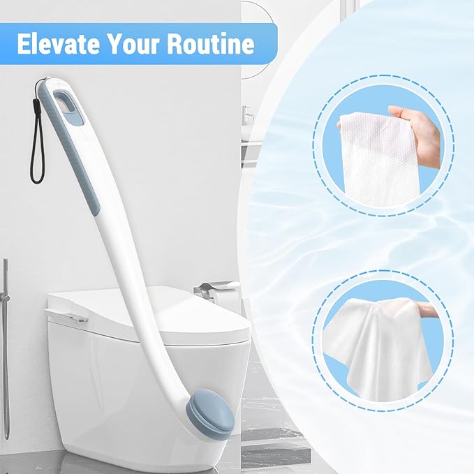 Toilet Aids for Wiping Bottom, 16.5" Long Reach Comfort Wipe - Butt Wiper Tool with Replaceable Head & Wrist Strap - Bottom Buddy Wiping Aid for Elderly, Disabled, Overweight, Post-Surgery
