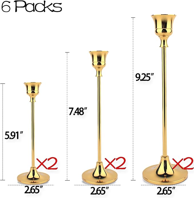 Taper Candle Holder Set of 6, Brass Gold Tall Candlestick Holders, Metal Vintage Candle Stickers Long Holder Set, Pillar Decorative Candle Holder Fits 3/4 Inch Candle for Wedding