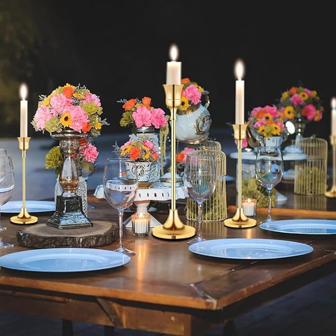 Taper Candle Holder Set of 6, Brass Gold Tall Candlestick Holders, Metal Vintage Candle Stickers Long Holder Set, Pillar Decorative Candle Holder Fits 3/4 Inch Candle for Wedding