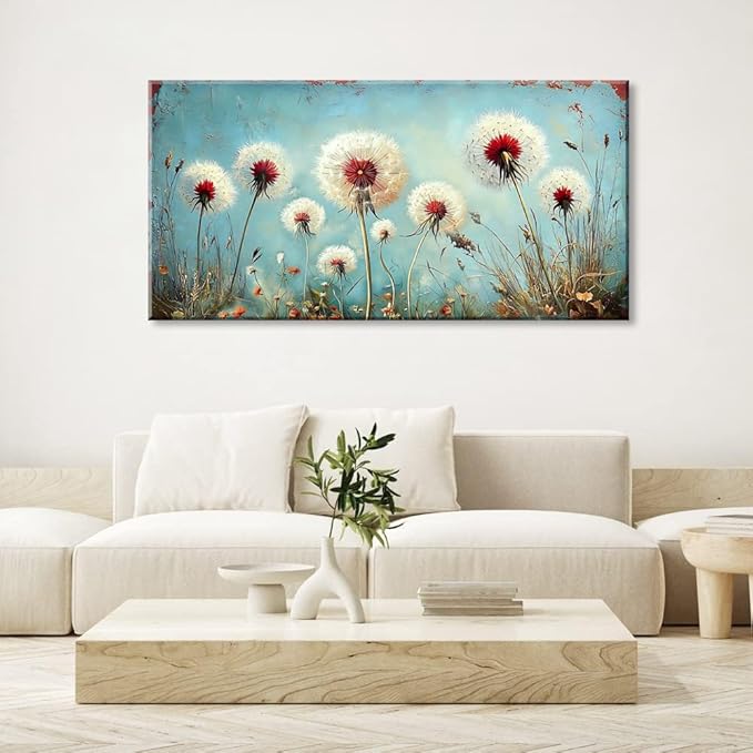 ZESTRILIA Dandelions Wall Art Retro Canvas Prints Modern Rustic Canvas Paintings Waterproof Artwork Landscape Picture for Country Farmhouse Living Room Bedroom Home Office Kitchen Décor (28x58inch)