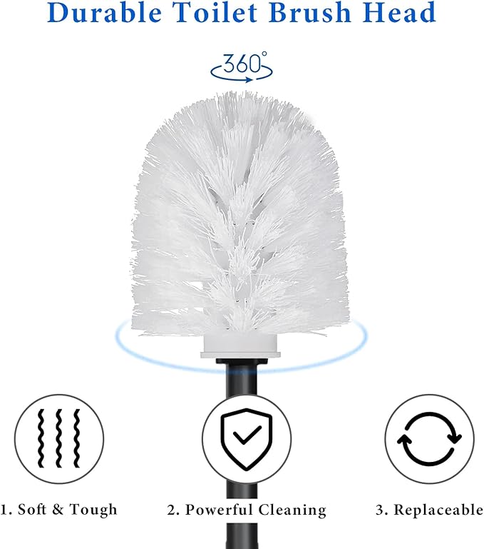 Topsky Toilet Brush,2 Pack Compact Toilet Brush & Holder Set,Plastic Round Barrel Loo Brush with 2 Replacement Toilet Brush Head,Durable for Bathroom Toilet,Black