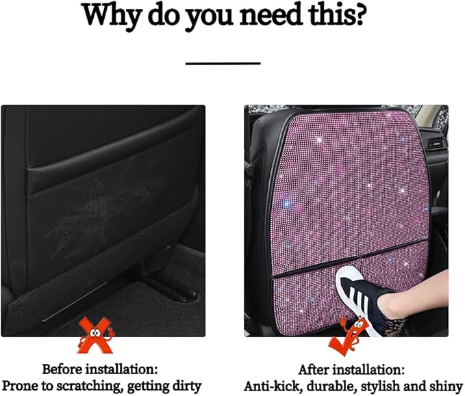 Pirador Bling Kick Mats for Car Seats with Pockets – Crystal Diamond Protectors for Girls & Women, Easy-to-Install Backseat Kick Mats with Storage & Sparkling Rhinestones Pink 2pcs