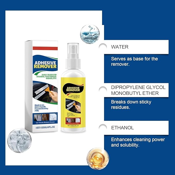 Adhesive Remover, Sticker Remover Spray with Plastic Scraper and Cleaning Cloth, Removes sticker residue, tape marks, and glue buildup, for Glass, Metal, Plastic, Wood and Hard Surfaces