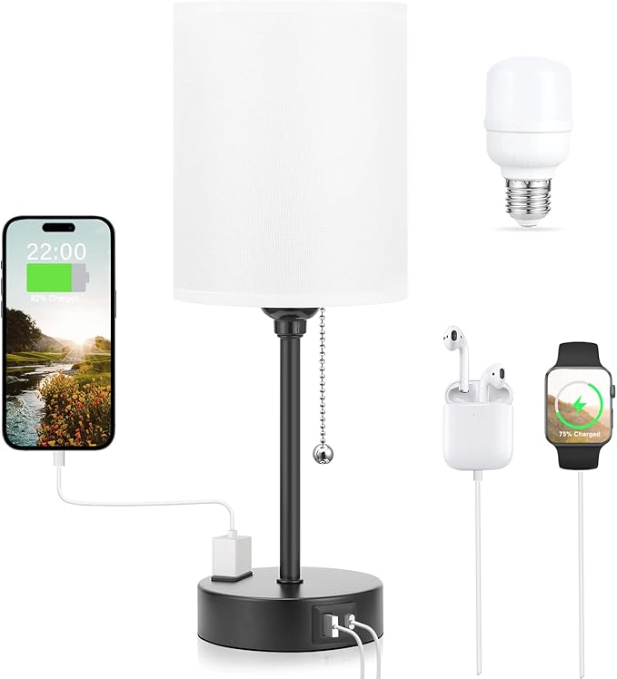 Small Bedside Table lamp for Bedroom - 3 Color Temperatures Bedside Lamps with USB C and A Ports, Pull Chain Table Lamps with AC Outlet, White Nightstand Lamps with Black Metal Base for Kids Reading