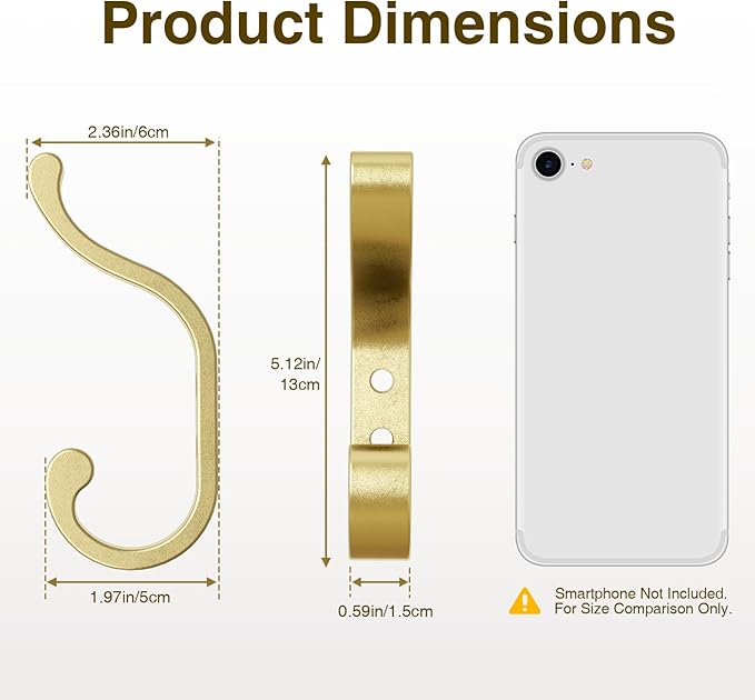 Gold Wall Hooks for Hanging Coats: Metal Mount - Large Heavy Duty (30 Lb) - Screw-In - Mudroom for Clothes, Backpack, Purse, Bathroom Towel, 6 Pack