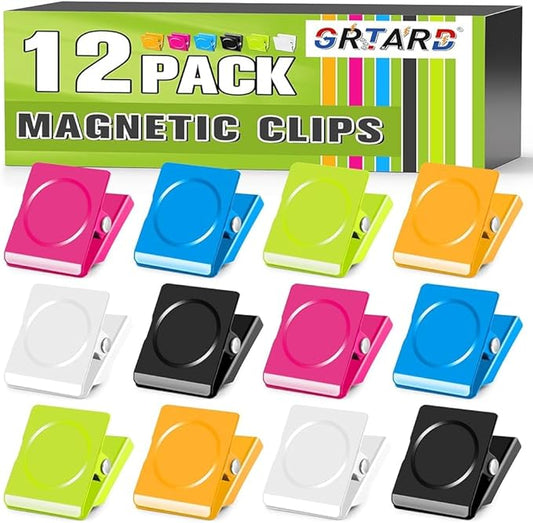 Grtard 12Pack Magnetic Clips Heavy Duty, Colorful Magnet Clips for Fridge, Refrigerator Magnets, Strong Magnetic Clip,Scratch Free Magnets with Clip for Refrigerator, Whiteboard, Cruise, Locker