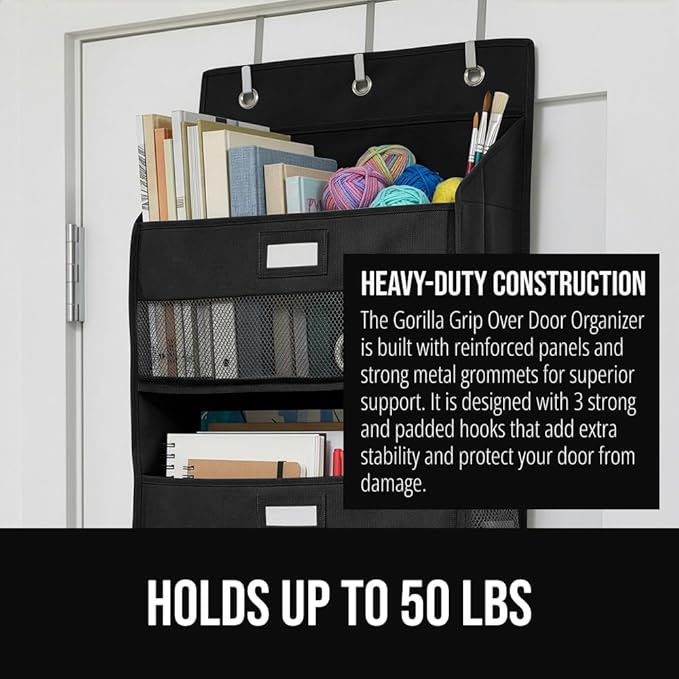 GORILLA GRIP Large Capacity Closet Organizer, 5 Deep Shelves, Holds 50lbs, Over the Door Organizers 6 Mesh Pockets, Shelf Storage for Clothes Crafts Dorm Essentials, 3 Metal Hooks, 58x15 Inches, Black