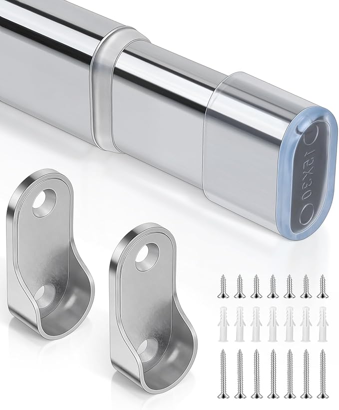 Heavy Duty Oval Closet Rod for Hanging Clothes, 17.7-29.5 Inch Adjustable Closet Rods, Premium Chrome
