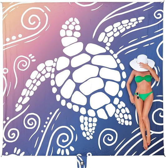 WEKAPO Beach Blanket Waterproof Sandproof Oversized Extra Large Sand Free Beach Mat with Stakes, Storage Bag - Essentials for Outdoor Beach, Picnic (Deep Blue Sea Turtle, 11 X 9 FT (1~10 Person))