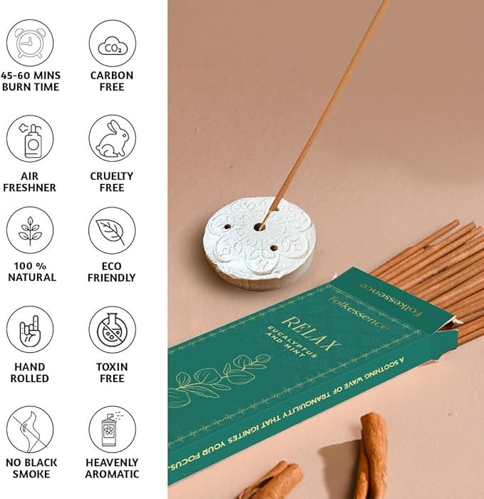 Folkulture Incense Sticks | Set of 100 Insence-Sticks with Holder for Relaxation | Eucalyptus & Mint Incense | Organic, Slow Burning & Non Toxic Inscents for Meditation |Rejuvenating Fragrance