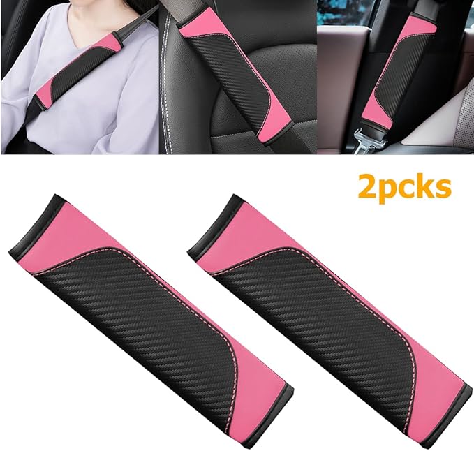 2PCS Car Seat Belt Cover, Carbon Fiber Seatbelt Shoulder Protection, Soft Car Seat Belt Strap Cushion Protect Your Neck and Shoulder, Car Accessories Seat Belt Pad for Car Truck (Pink)
