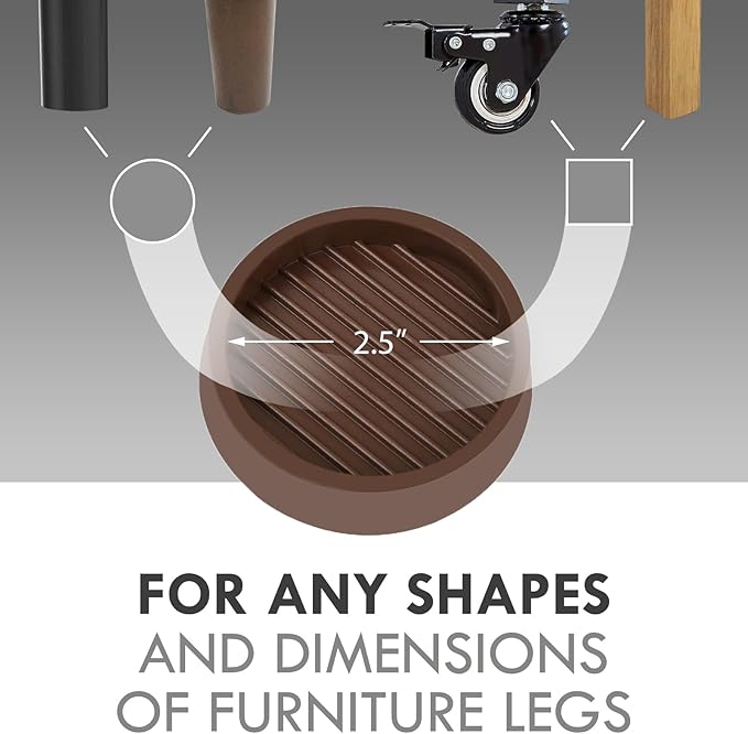 Non Slip Furniture Pads, 2.5” Round Rubber Caster Cups, 12 Pcs Furniture Coasters, Anti-Slip Gripper, Anti Slide Furnitures Feet Floor Protectors for Bed Couch Stoppers - Brown