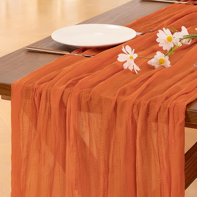 Socomi 10pcs Orange Summer Cheesecloth Table Runner Boho Rustic Gauze 120 inch 10FT Cheese Cloth Sheer Runner for Wedding Party Baby Shower Birthday Home Decor Holiday Decorations