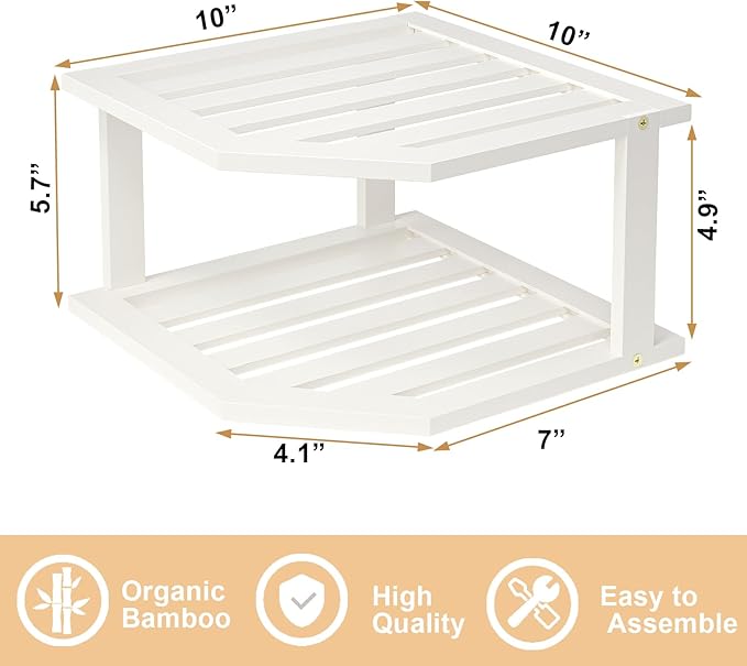 Bamboo Corner Shelf (2 Pack), 2 Tier Plate Organizer for Cabinet and Countertop, Pantry Dish and Spice Rack for Kitchen (White)