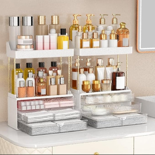 2 Pack Bathroom Counter Organizer - 3 Drawers Makeup Organizer, Cosmetic Storage Drawer for Dresser Countertop and Bathroom Vanity for Large Skincare, Perfume, Clear