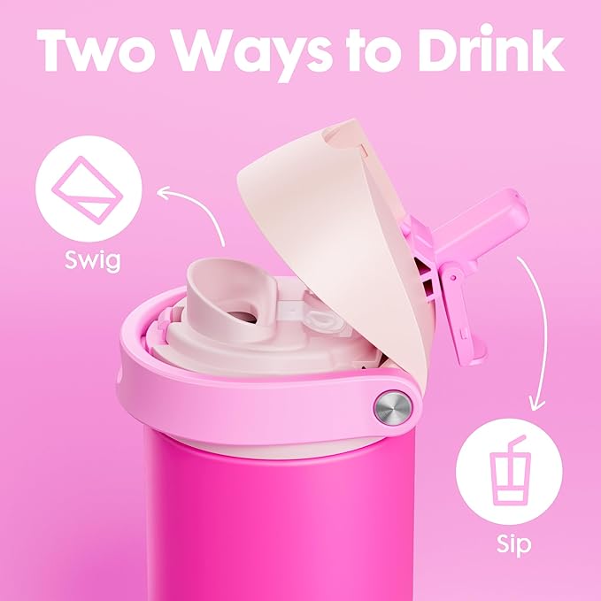 18 oz Kids Water Bottle for School: Meoky 18 oz Stainless Steel Insulated Water Bottle with 2-in-1 Straw and Spout Lid - Leak Proof, Fits in Car Cup Holder, BPA-Free for Teen Girls, Raspberry Vibes