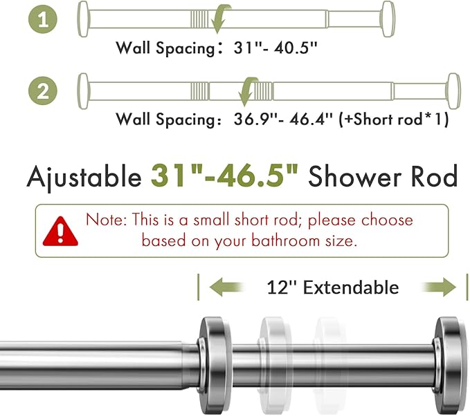 AmazerBath 31-46.5 Inches Spring Tension Shower Curtain Rod, Short Shower Rod Rust Proof Bathroom Curtain Rod, Adjustable Shower Tension Rod No Drill Easy Segmented Installation, Nickel