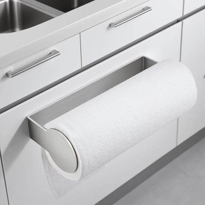 YIGII Paper Towel Holder Under Cabinet - Adhesive Papertowel Rack, Wall Mount Paper Roll Holders for Kitchen, Stick on Wall Stainless Steel