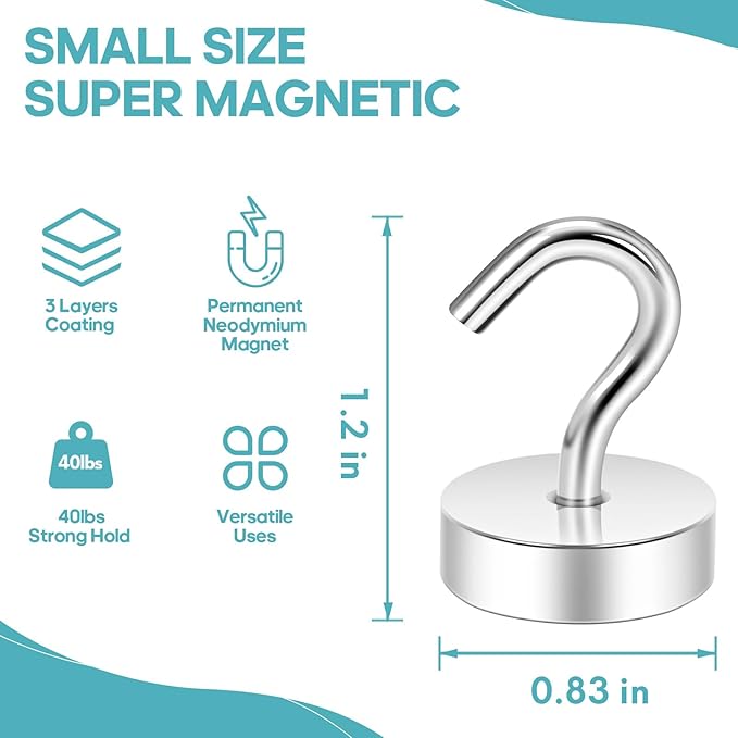 Neosmuk Magnetic Hooks, Cruise Ship Essentials, 40lb+ Heavy Duty Magnetic Hooks for Cruise Cabins, Refrigerator, Grill, Hanging, and Travel | Extra Strong Must-Haves Magnet Hook,Silver,Pack of 20