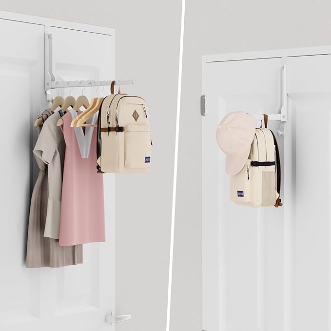 BAKON Over The Door Hangers, Over Door Hooks for Hanging, Small Space Dual Folding Portable Over Door Clothes Hanger for Clothes, Hats, Bags and Towels (1Pack,White(Update))