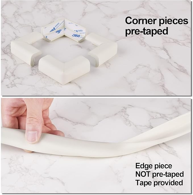 Baby Proofing Edge and Corner Guards, (20ft Edge + 8 Corners) Safety Furniture Bumper, Baby Corner Protector for Fireplace, Table, Stair, Cabinet, 3M Adhesive, White