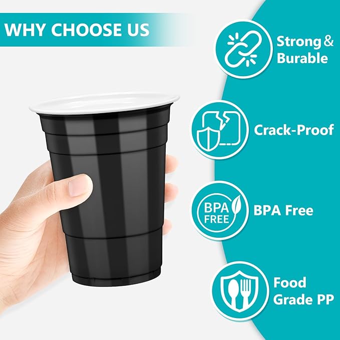 LANLISA 50 Black Plastic Cups, 16 oz Disposable Cups, Drinking Cups For Birthday Party, Graduation, Halloween