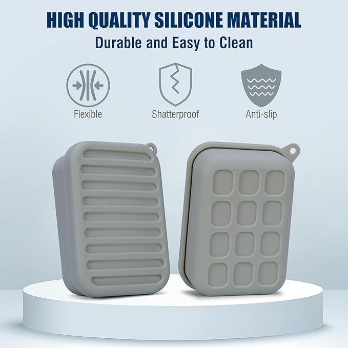 Leak-Proof Silicone Travel Soap Case with Drainage Lid/Layer, Compact Bar Soap Container, Durable Soap Holder for Camping, Gym, and Travel Size Toiletries (Gray)