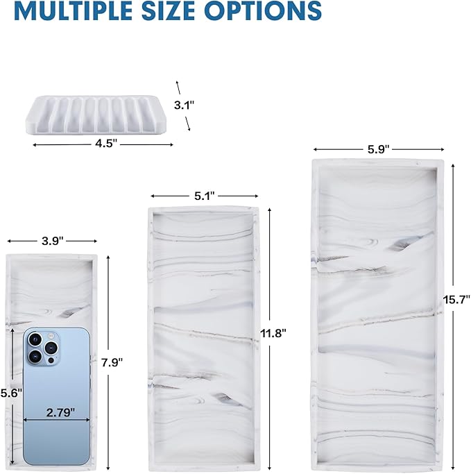 Bloss Bathroom Vanity Tray with Soap Dish Holder - 11.8" Silicone Counter Trays for Kitchen, Bathroom, Toilet, Perfume, Jewelry, Candle, Key, Dresser