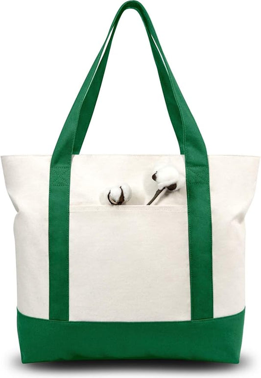 TOPDesign 1-Pack Canvas Tote Bag with an External Pocket, Reusable Grocery Shopping Bag, Top Zipper Closure, Daily Essentials (Green/Natural)