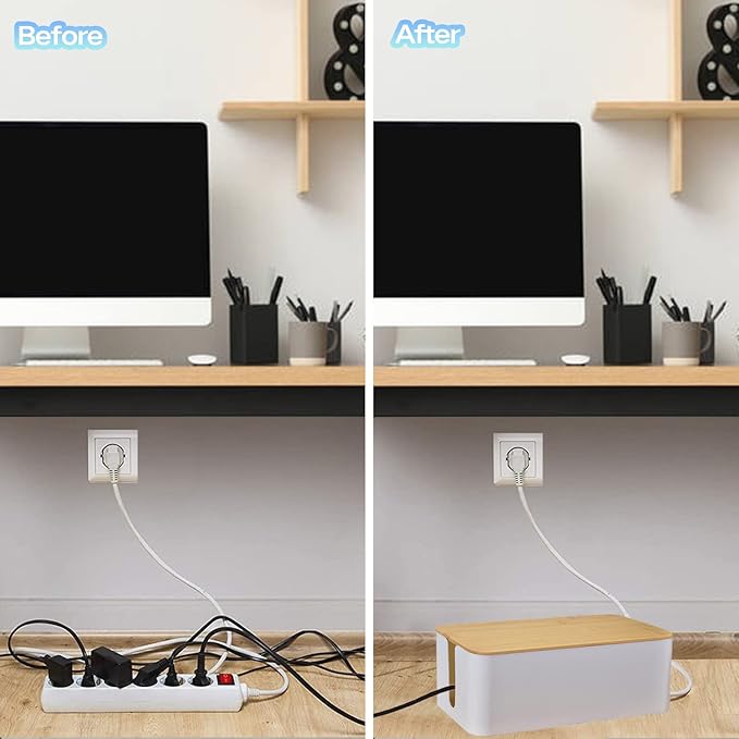 Cable Management Box Organizer, Set of 2 Bamboo Lid Large Storage Wire Holder to Conceal and Hide Surge Protector, Power Strips, and Cords on Desk and Floor, with 5 Cable Ties for Home Office, Computer, TV, and USB Hub