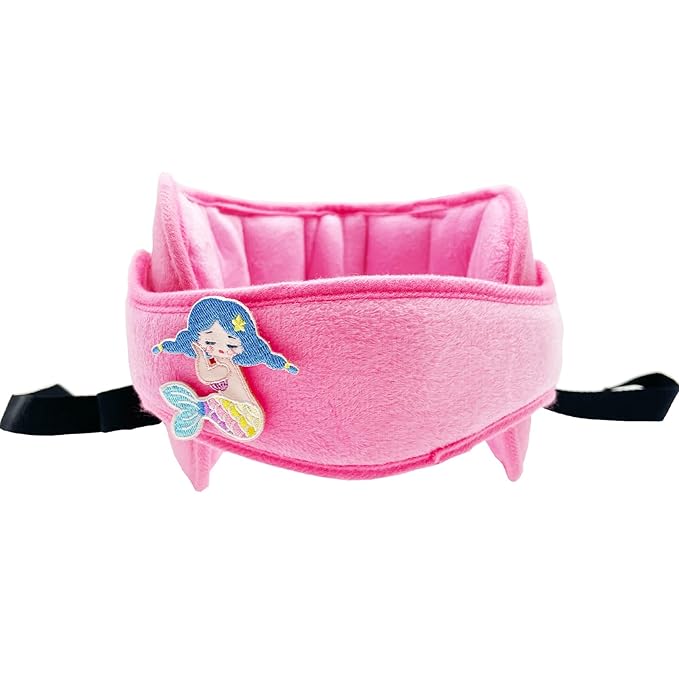 LETTON Car Seat Head Support for Child, Adjustable Head Band Strap Headrest, Safe, Comfortable Head & Neck Pillow Support Solution– Baby & Kids Travel Accessories (Pink with Mermaid Pattern)