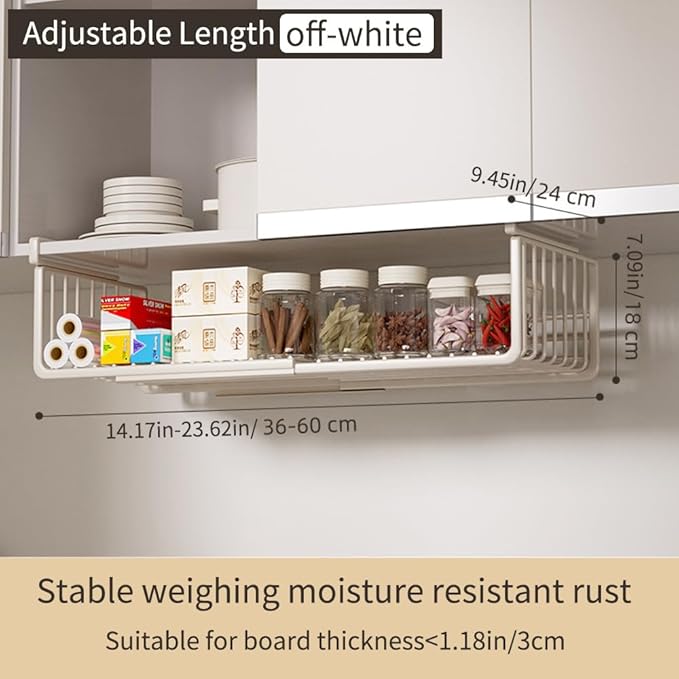 Extendable Under Shelf Storage Basket, Hanging Baskets Under Cabinet Shelf Organizer, for Cabinet Pantry Kitchen Cupboard Desk Counter Bookshelf Organization Space Saver Heavy Duty Slide-in
