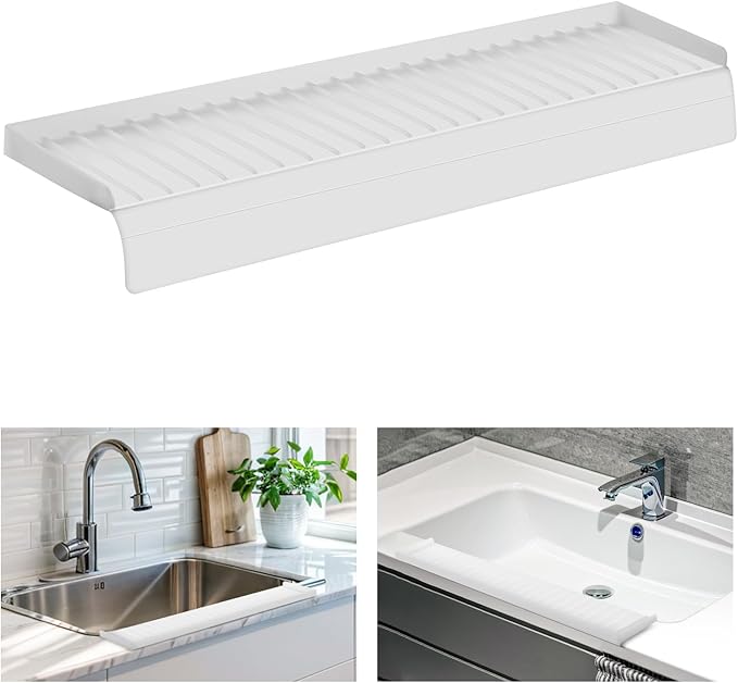 Silicon Sink Edge Protectors for Kitchen Sink, Kitchen Sink Splash Guard, Upgraded Design with Suction Cups, Silicon Sink Protector for Quartz, Granite, Bathtub Splash Guard (White, 24" x 4")