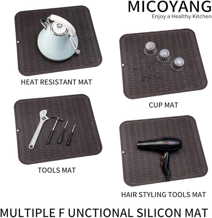 MicoYang Silicone Dish Drying Mat for Multiple Usage,Easy clean,Eco-friendly,Heat-resistant Silicone Mat for Kitchen Counter or Sink,Refrigerator or Drawer Liner Coffee XL 18 inches x 16 inches