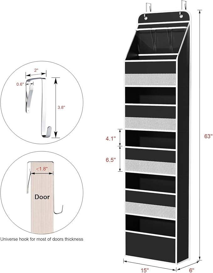 Univivi 6-Shelf Over Door Hanging Organizer, Fabric Baby Door Storage with 5 Large Pockets and 3 Small PVC Pockets, Wall Mount Hanging Storage Organizers for Baby Essentials (Black)