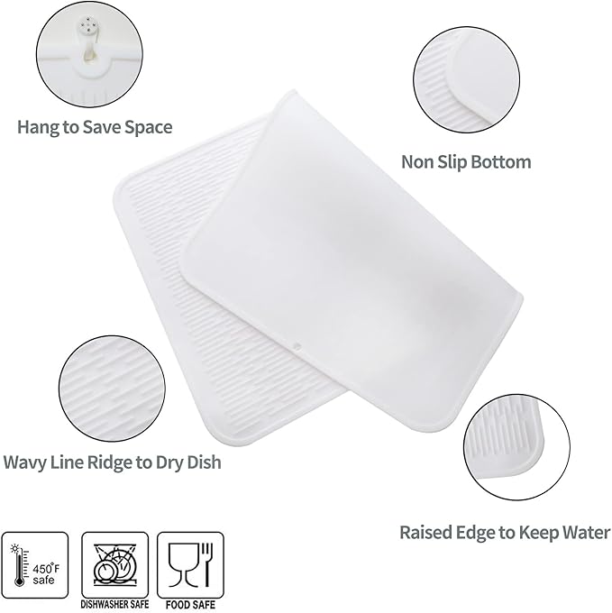 Silicone Dish Drying Mat for Multiple Usage, Easy Clean, Eco-friendly, Heat-resistant Silicone Mat for Kitchen Counter or Sink, Refrigerator or Drawer Liner White 3XL 28 inches x 18 inches