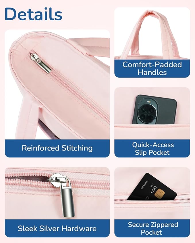 Aosbos Quilted Lunch Bag - Leakproof Puffer Insulated Tote, Lunch Box for Women, Work, Office, Picnic, Pink