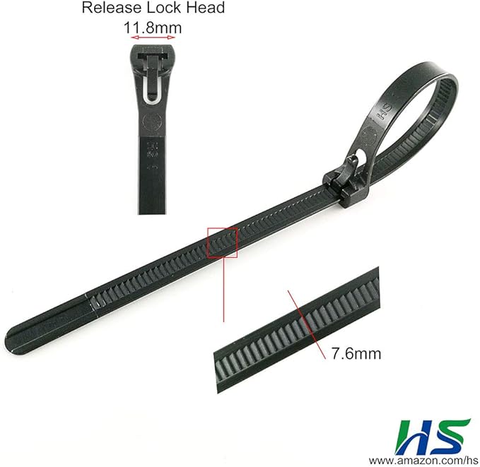 HS Reusable Zip Ties Assorted 6 8 10 Inch (200 Pack) Releasable Nylon Cable Zip Ties 50 Lbs Tensile Strength, Thick Reusable Wire Ties Outdoor Indoor Purpose