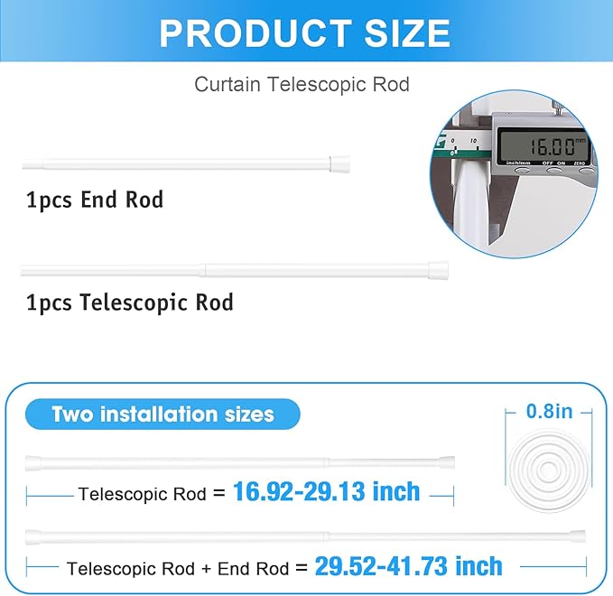 2 Pack Spring Loaded Tension Rod 17-41" Adjustable Curtain Rods No Drill Extendable Spring Rod Tension Curtain Rods For Window Kitchen Shelves Rv Refrigerator And Small Spaces,White