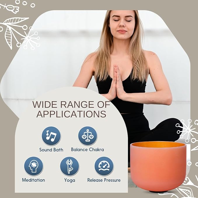 11 inch Orange D Note Sacral Chakra Quartz Crystal Singing Bowl, for Healing Mindfulness Meditation Yoga Sound Baths, with Rubber Mallet O-ring