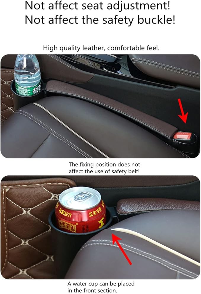 Tumecos Car Seat Gap Filler Pad PU Leather Console Side Pocket Organizer with One Cup Holder for Cell Phone, Wallet, Coin, Key, 2 Pcs (Black+Black Surface)